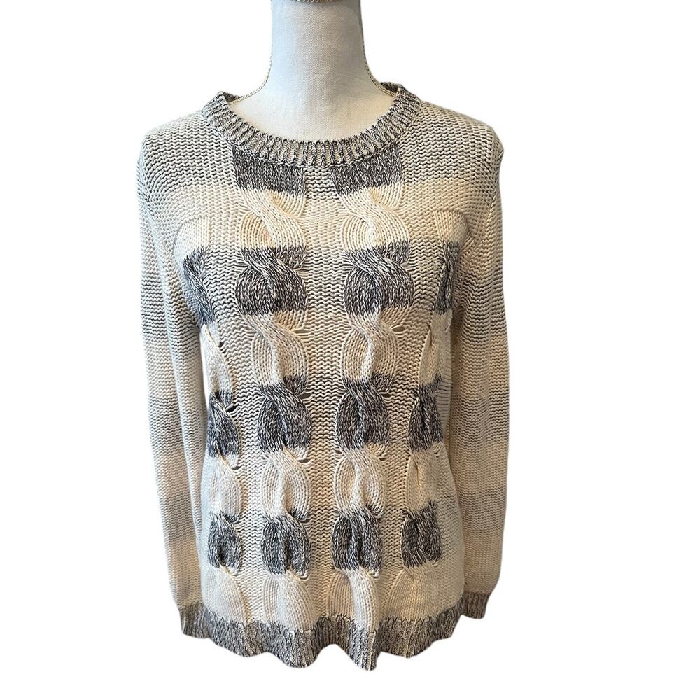 J Crew Cable Knit Crewneck Sweater Off White Blue S